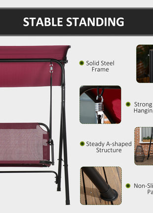 3-Person Porch Swing with Stand, Outdoor Swing for Patio Porch with Adjustable Tilt Canopy and Comfortable Swing Bench-Style Seat, Steel Frame, Wine Red