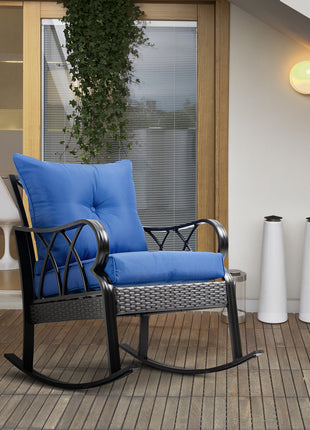 Outdoor Wicker Rocking Chair with Padded Cushions, Aluminum Furniture Rattan Porch Rocker Chair w/ Armrest for Garden, Patio, and Backyard, Blue