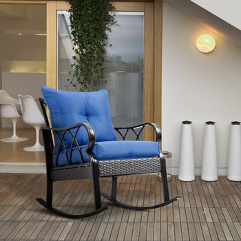 Outdoor Wicker Rocking Chair with Padded Cushions, Aluminum Furniture Rattan Porch Rocker Chair w/ Armrest for Garden, Patio, and Backyard, Blue