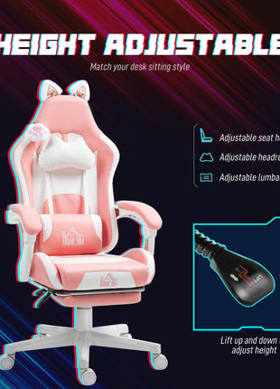 Cute Racing Gamer Chair, Faux Leather Gaming Chair with Footrest, Headrest and Lumbar Support, Pink