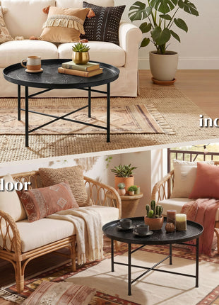 Coffee Table for Living Room, 24" Round Center Table with Hammered Tray Top and Metal Frame for Bedroom, Black