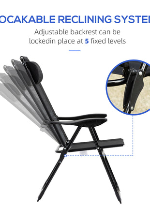 Folding Patio Dining Chairs Set of 2, Outdoor Deck Chair with Adjustable Sling Back, Camping Chair with Removable Headrest for Garden, Backyard, Lawn, Black