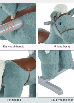 Kids Rocking Horse with Bear Toy, Plush Animal Rocker with Fun Realistic Sounds for Toddler 18-36 Months, Blue