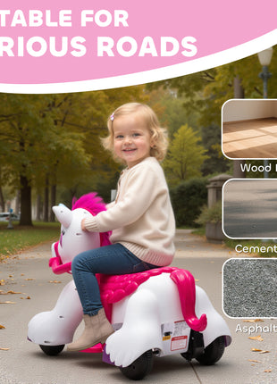 12V Unicorn Ride on Horse with Carrot Toy, Comb, Animal Sounds, for Girls Boys Aged 1.5-3 Years Old