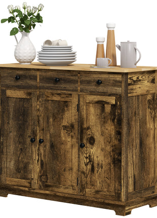 Kitchen Storage Cabinet, Sideboard Floor Cupboard with Solid Wood Top, Adjustable Shelf, and 3 Drawers, Brown