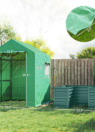Greenhouse with Raised Garden Bed, Galvanized Steel Outdoor Greenhouse with Roll Up Door, 56" x 56" x 75", Green