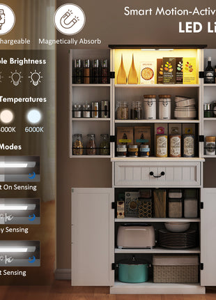 71" LED Kitchen Pantry Cabinet, Farmhouse Storage Cabinet with Door Shelves, Distressed White