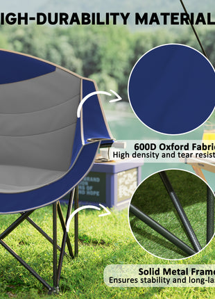 Padded Folding Camp Chair for Adults, Double Camping Chair with Armrests, Cup Holders, Carry Bag for Outdoor, Blue