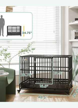 48" Heavy Duty Dog Crate Metal Cage Kennel with Lockable Wheels, Double Door and Removable Tray, gray