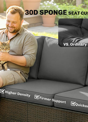 3 Seater Outdoor Couch Sofa, PE Wicker Patio Sofa, Wide Deep Seat, 4" Cushions, Wood-Effect Armrests Legs, Gray