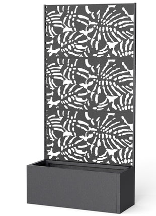 Metal Planter Box with Trellis, 71" Tall Raised Garden Bed with Privacy Screen and Drainage Holes, Banana-Leaf Cut-Outs