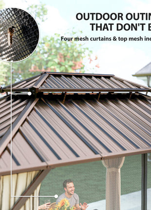 10' x 14' Hardtop Gazebo with Double Galvanized Steel Roof Canopy, Aluminum Frame Permanent Gazebo, Brown