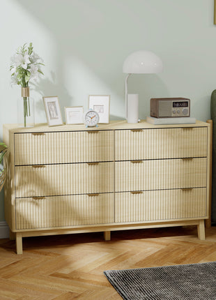 6 Drawer Double Dresser for Bedroom, Fluted Chest of Drawers with Gold Finger Pulls and 5 Wood Legs, Natural Wood