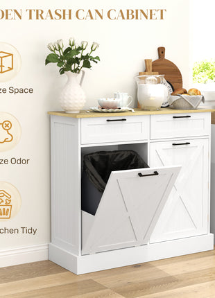 10 Gallon Farmhouse Kitchen Cabinet with Hidden Trash Can and 2 Drawers, Tilt Out Trash Can Cabinet for Kitchen, White