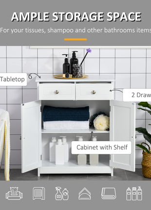 Freestanding Bathroom Floor Cabinet, Wooden Bathroom Cabinet with 2 Doors, 2 Drawers and Adjustable Shelf, White