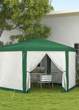 13' x 11' Outdoor Party Tent, Hexagon Sun Shade Shelter Canopy w/ Protective Mesh Sidewalls, Ropes & Stakes, Green