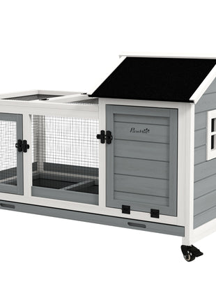 Wooden Rabbit Hutch with Wheels, Run, Slide-out Tray for Small Animals, Guinea Pig, Blue