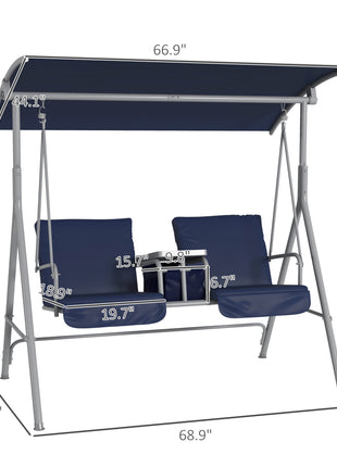 2-Seater Outdoor Porch Swing with Canopy and Table, Patio Swing Chair for Garden, Poolside, Backyard, Dark Blue