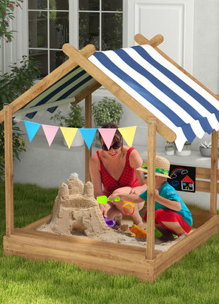 Wooden Sandbox with Canopy, House Design for 3-7 Years Old, Brown