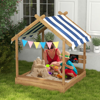 Wooden Sandbox with Canopy, House Design for 3-7 Years Old, Brown