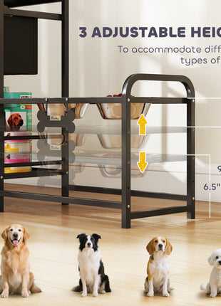 3 Height Adjustable Dog Bowl Stand with 2 Feeding Stations, Toy Bin Basket, Black