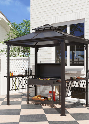 Outside Porch BBQ Cooking Pergola Canopy with 6 Hooks for Utensils and Double Venting Roof, Coffee
