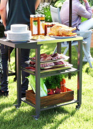 Three-Shelf Outdoor Grill Cart Table with Foldable Side Table, Stainless Steel Top Pizza Oven Stand with Hooks, Silver