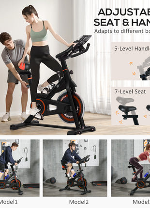 Exercise Bike, Flywheel Indoor Stationary Bike, Adjustable Height and Resistance, with LCD Monitor, Comfortable Seat Cushion, 264 lbs Capacity, Black and Red