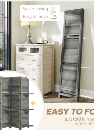 4 Panel 67" Tall Wood Privacy Screen Room Divider with 3 Shelves and Folding Storage for Bedroom, Gray