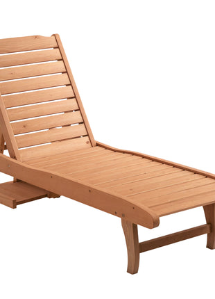 Chaise Lounge Chair Outdoor Wooden Pool Lounge Chair with 3-level Adjustable Backrest, Built-In Table and Rolling Wheels, Sun Tanning Chair for Beach Poolside Sunbathing, Brown Red