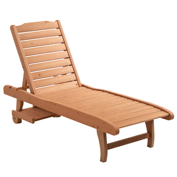 Chaise Lounge Chair Outdoor Wooden Pool Lounge Chair with 3-level Adjustable Backrest, Built-In Table and Rolling Wheels, Sun Tanning Chair for Beach Poolside Sunbathing, Brown Red