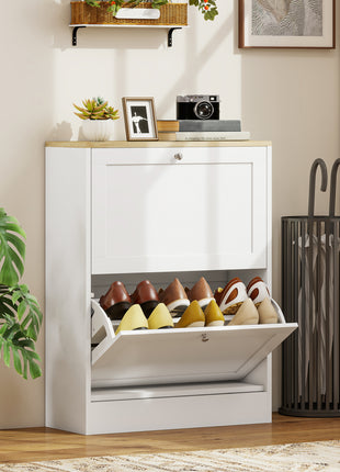 Slim Shoe Storage Cabinet, Modern Shoe Cabinet with 2 Flip Drawers and Adjustable Shelves for 8-12 Pairs, White