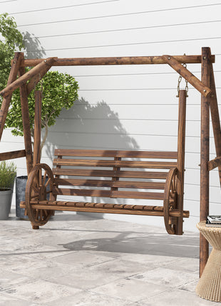 2-Seat Porch Swing with A-Frame Stand, Wooden Log Patio Swing Chair Bench with Wagon Wheel Armrests, Carbonized Brown