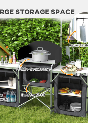 Aluminum Camping Kitchen, Portable Folding Camping Table with Fabric Cupboards, Windshield, Bag for BBQ, Picnic, Black