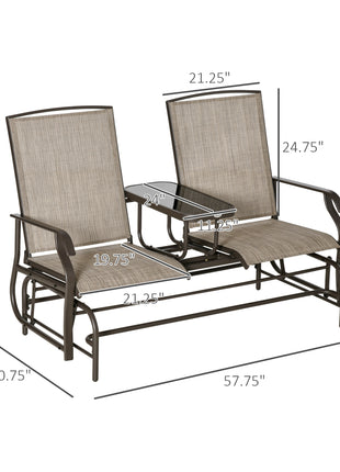Outdoor Glider Bench with Center Table, Metal Frame Patio Loveseat with Breathable Mesh Fabric and Armrests for Backyard Garden Porch, Brown