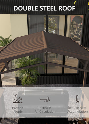 8'x5' BBQ Grill Gazebo, Outdoor Double Tiered Interlaced Polycarbonate Roof with Steel Frame, 2 Side Shelves, Brown