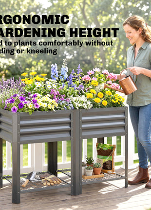 Raised Garden Bed Galvanized Steel, Elevated Planter Box with Storage Shelf, Bed Liner, 31.5" High, Dark Gray