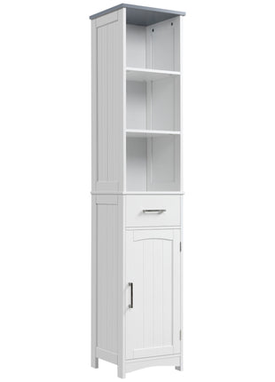 Tall Bathroom Storage Cabinet, Narrow Bathroom Cabinet with 3 Tier Shelving, Drawer and Adjustable Shelves, Slim Freestanding Linen Tower, White