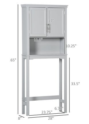 Modern Over The Toilet Storage Cabinet, Double Door Bathroom Organizer with Inner Adjustable Shelf and Open Shelf, Gray