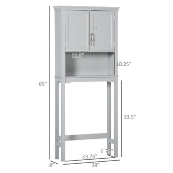 Modern Over The Toilet Storage Cabinet, Double Door Bathroom Organizer with Inner Adjustable Shelf and Open Shelf, Gray