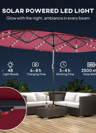 Garden Parasol, Double-Sided Sun Umbrella with LED Solar Lights, Patio Parasol for Outdoor, Wine Red
