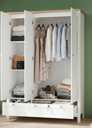 3 Doors Wardrobe Closet with 2 Drawers, Bedroom Armoire with Lockable Drawer, Hanging Rod and Storage Shelves, White