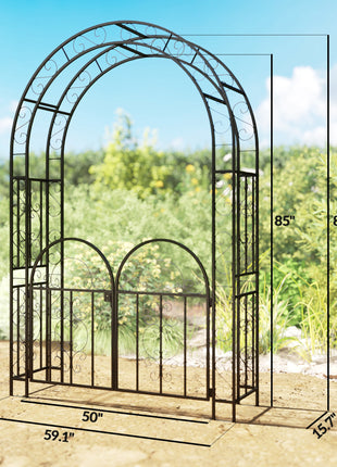 7.4ft Steel Garden Arch with Gate, Garden Arbor Trellis for Climbing Plants, Roses, Vines, Wedding Arch Stand for Outdoor, Garden, Lawn, Backyard, Black