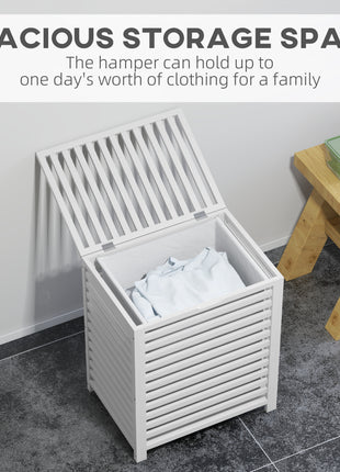 55 L Bamboo Laundry Basket with Lid, Cloth Hamper with Removable Liner Bag, 19.75 x 14.25 x 23.5 Inches, White