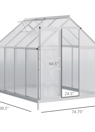 8' x 6' Aluminum Outdoor Greenhouse, Polycarbonate Walk-in Garden Greenhouse Kit with Adjustable Roof Vent, Rain Gutter and Sliding Door for Winter, Silver