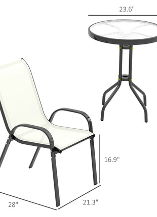 3 Pieces Bistro Set, Small Patio Furniture Set with Stackable Chairs and Glass Table for Backyard, Balcony, Beige