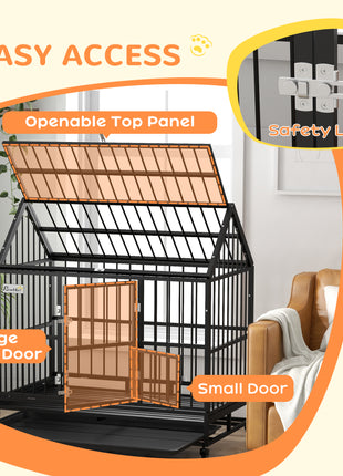 48" Heavy Duty Dog Crate with 4 Lockable Wheels, Double Doors, and Removable Tray, for XL and L Dogs