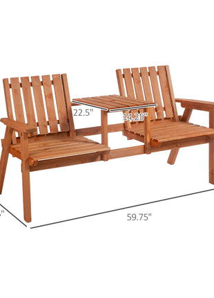 Patio Bench, Garden Bench with Middle Table and Umbrella Hole, Wooden Outdoor Bench for Patio, Porch, Poolside, Balcony, Orange