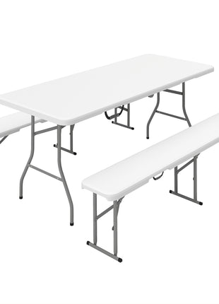 6FT 3 PCS Portable Camping Table and Chairs, Folding Picnic Table Bench Set with Carrying Handles for BBQ, Party, White