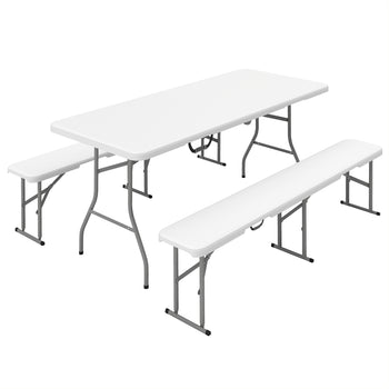 6FT 3 PCS Portable Camping Table and Chairs, Folding Picnic Table Bench Set with Carrying Handles for BBQ, Party, White